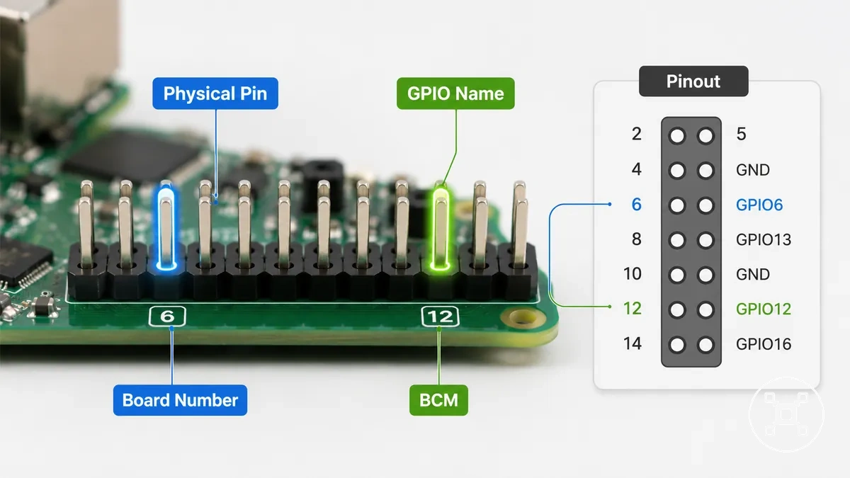 مثال لطرف GPIO في راسبيري باي يظهر رقم الطرف المادي واسم GPIO