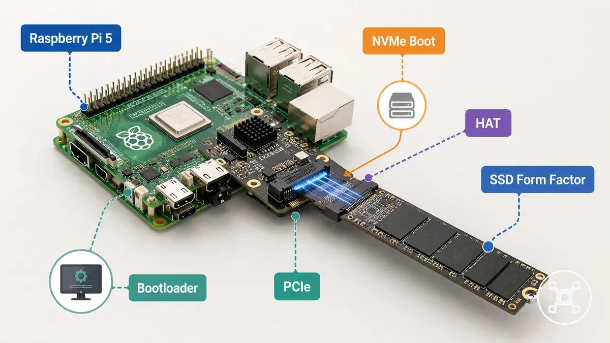 رسم تخطيطي يوضح مسار إقلاع NVMe لراسبيري باي 5 عبر اتصال PCIe و HAT