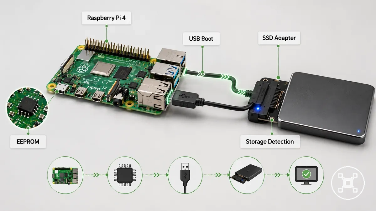إعداد إقلاع USB موضح لراسبيري باي يظهر محول SSD ومسار اكتشاف التخزين