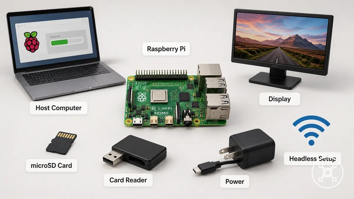 متطلبات تثبيت Raspberry Pi OS تشمل لوحة Raspberry Pi وحاسوب ووسيلة تخزين وقارئ بطاقات