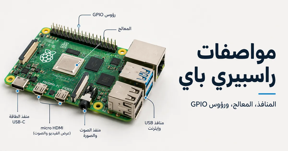لقطة قريبة لعتاد راسبيري باي تظهر المنافذ ومنطقة المعالج ورؤوس GPIO