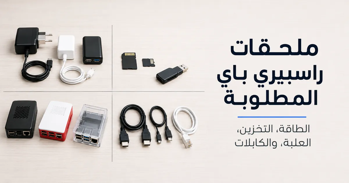 ملحقات راسبيري باي أساسية تشمل مزود الطاقة وبطاقة التخزين والعلبة والكابلات