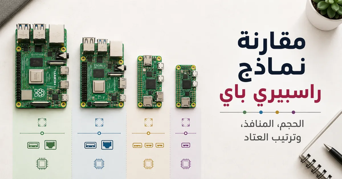 لوحات راسبيري باي مقارنة حسب الحجم والمنافذ وترتيب العتاد