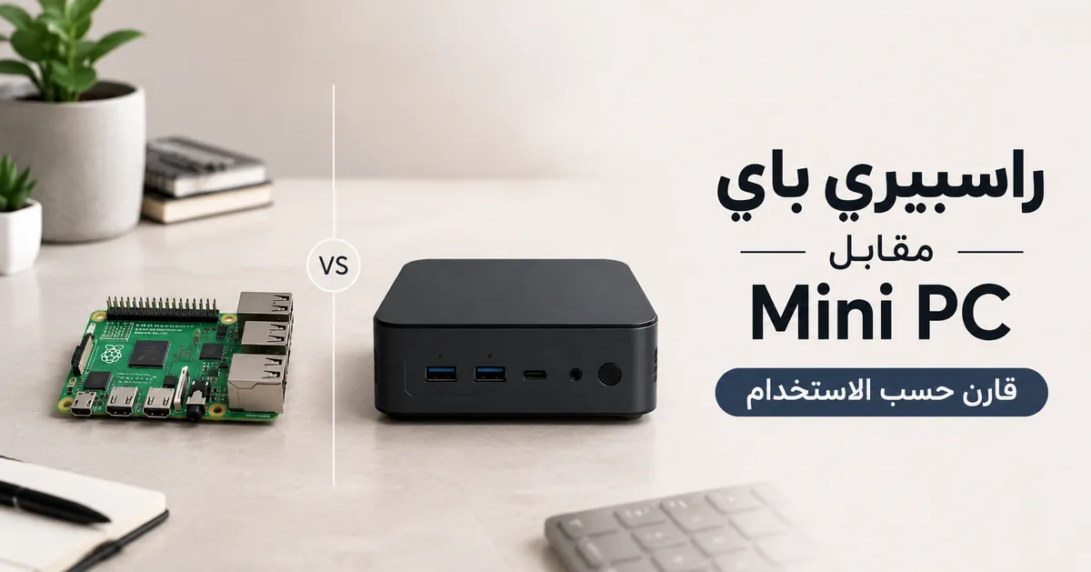 لوحة راسبيري باي بجانب جهاز Mini PC صغير للمقارنة بين الاستخدامات