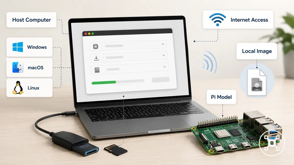 Computer, Raspberry-Pi-Modell und Internetanforderungen für die Installation mit Raspberry Pi Imager