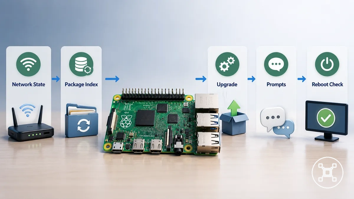 Raspberry Pi OS Paketupdate-Prozess mit Aktualisierung, Upgrade, Eingabeaufforderung und Neustartprüfungen