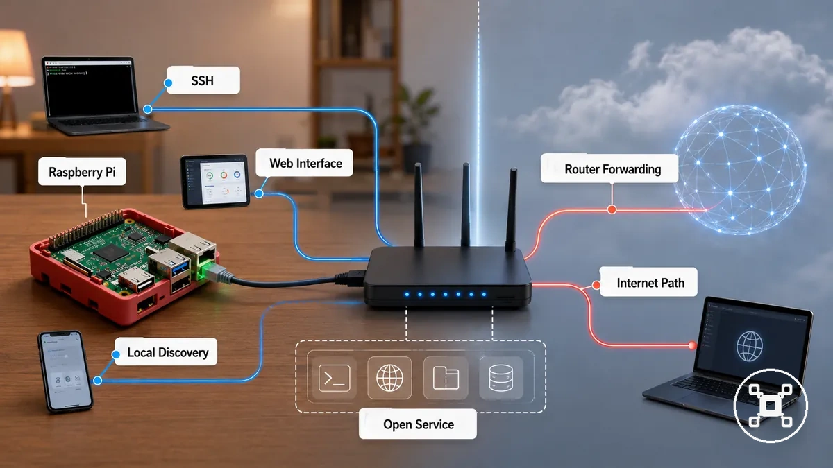 Diagramm eines Raspberry Pi mit lokalen und internetzugänglichen offenen Dienstpfaden