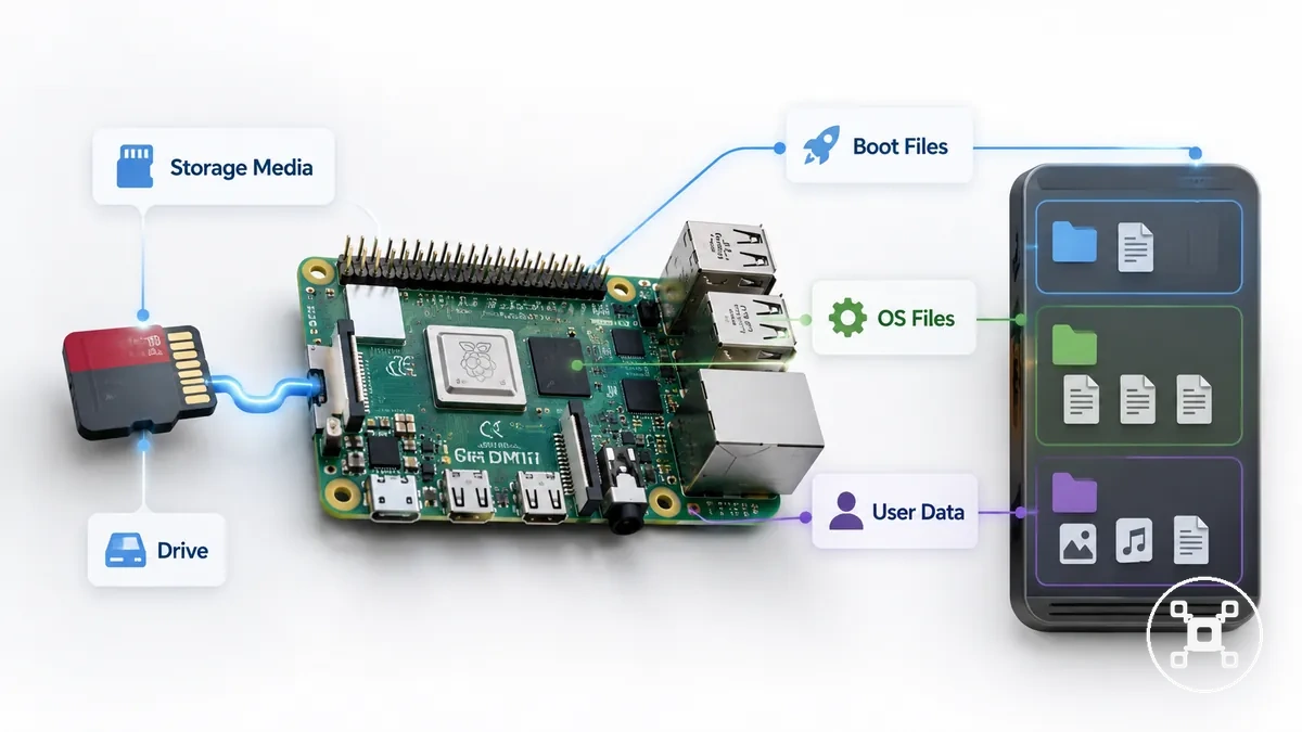 Raspberry-Pi-Speichermedien mit Betriebssystemdateien, Startdateien und Benutzerdatenrollen