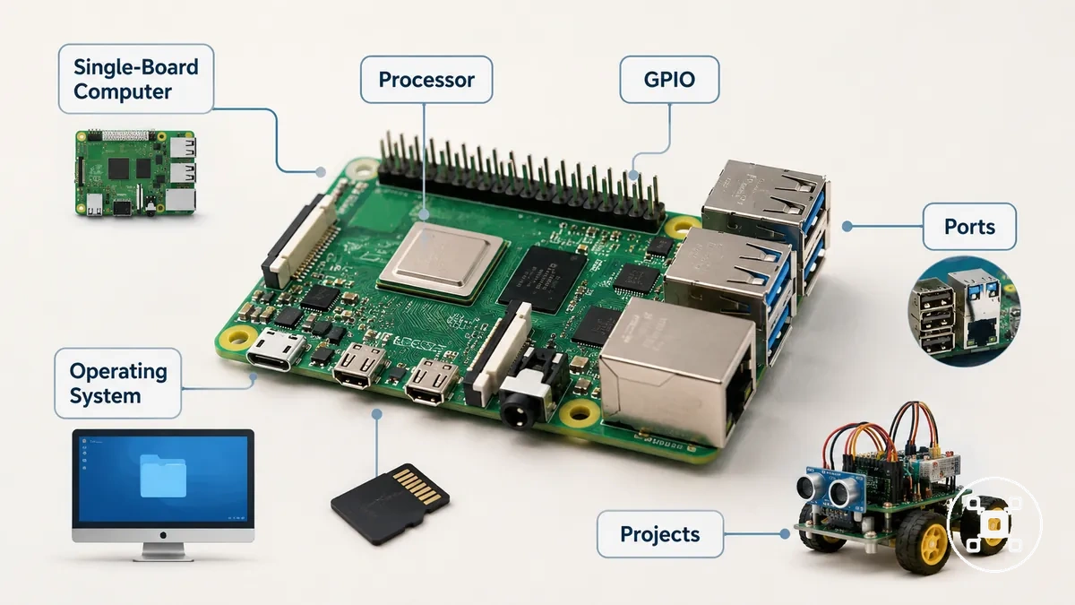 Raspberry-Pi-Platine als kleiner Einplatinencomputer mit Anschlüssen und GPIO-Leiste beschriftet