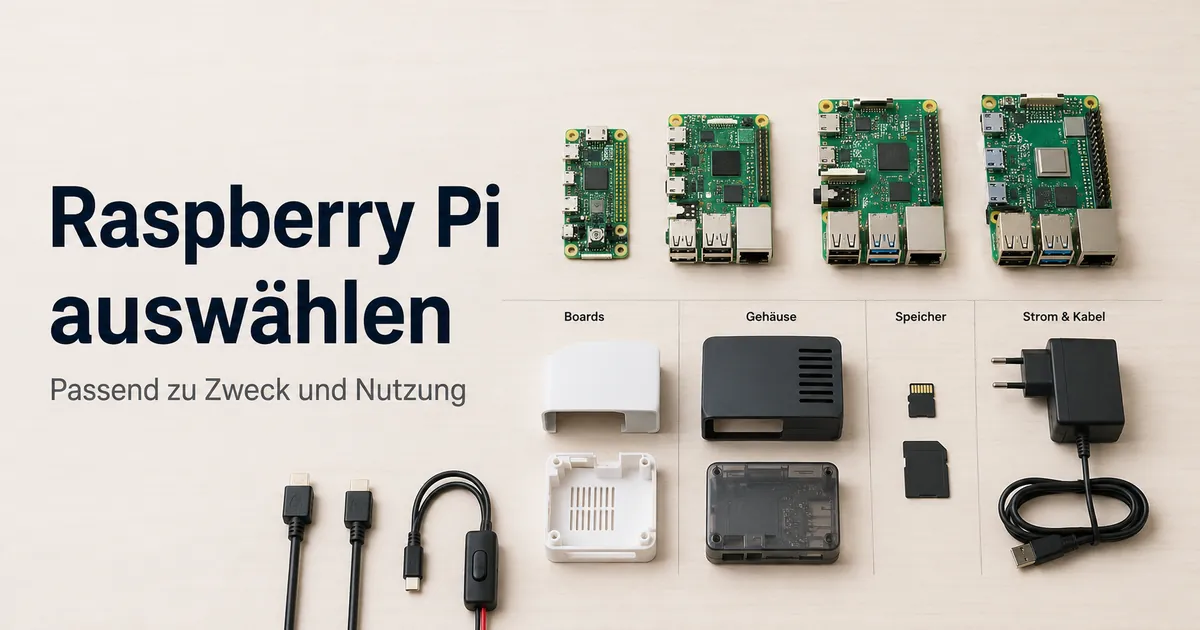 Verschiedene Raspberry-Pi-Platinen und Zubehörteile nebeneinander zur Auswahl