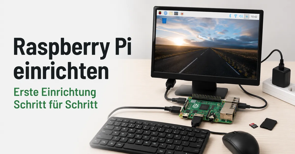 Raspberry Pi mit Display, Tastatur, Maus, Speicherkarte und Netzteil für die erste Einrichtung verbunden