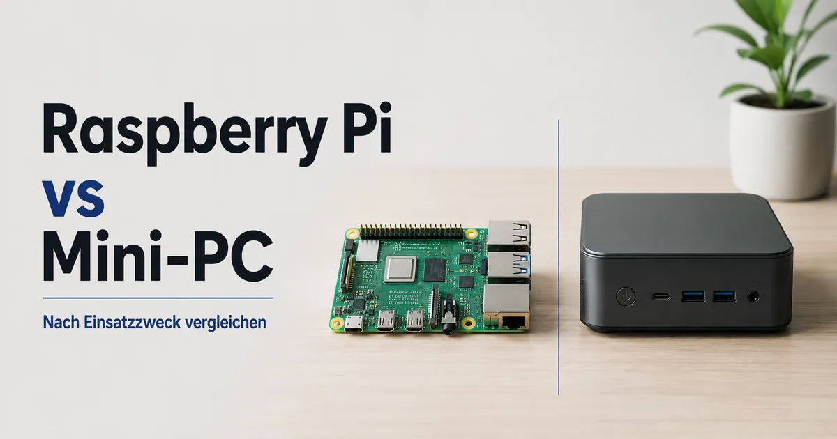 Raspberry-Pi-Platine neben einem kompakten Mini-PC zum Vergleich von Einsatzfällen