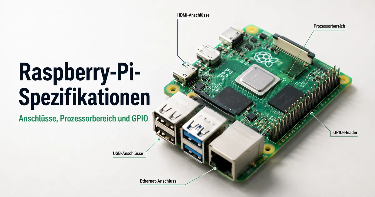Nahansicht der Raspberry-Pi-Hardware mit Anschlüssen, Prozessorbereich und GPIO-Leiste
