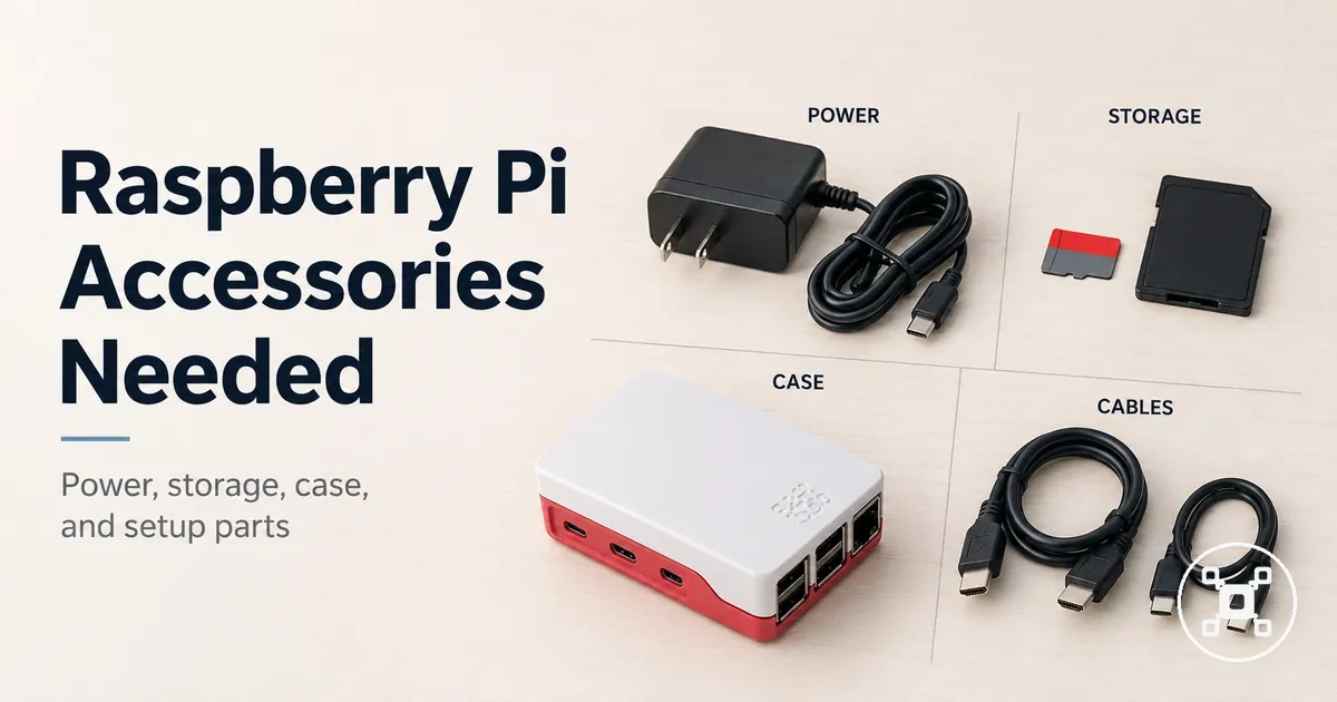 Essential Raspberry Pi accessories including power supply, storage card, case, and cables