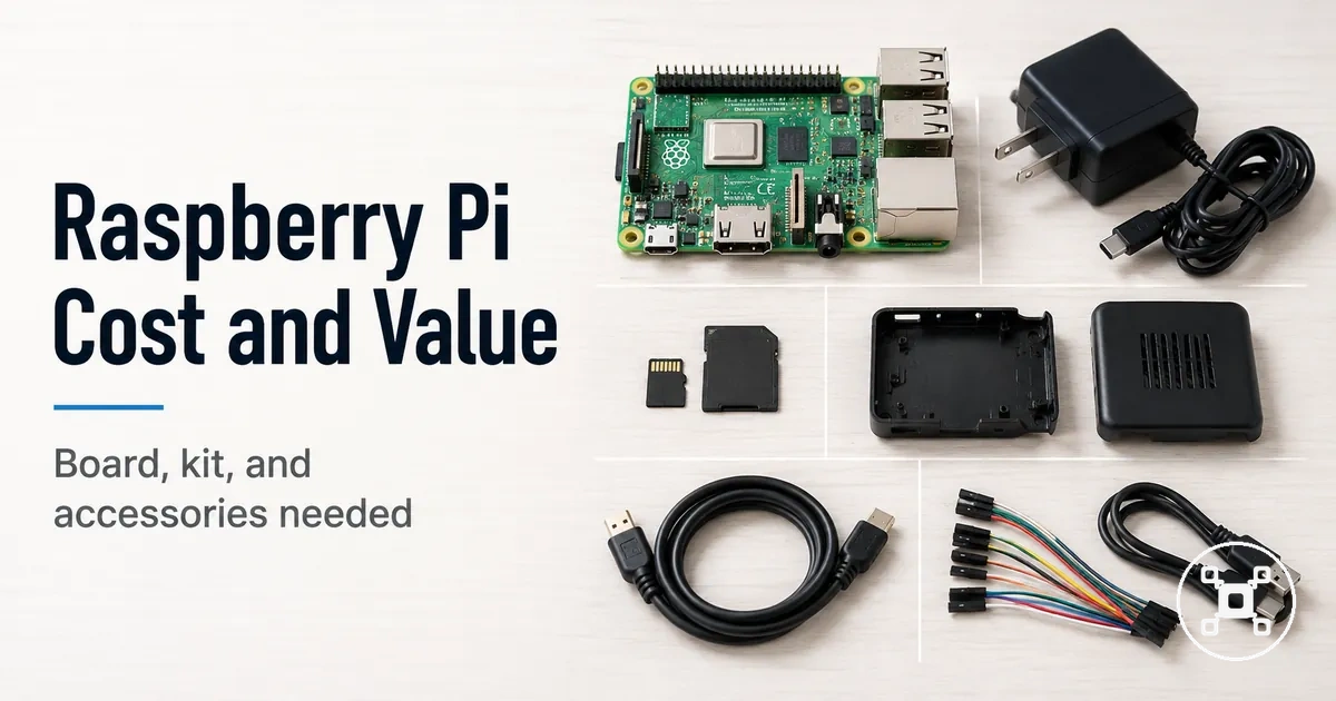 Raspberry Pi board with essential accessories used to estimate total setup cost