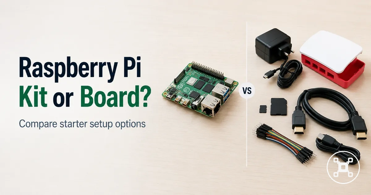 Raspberry Pi board next to starter kit components for comparing setup options