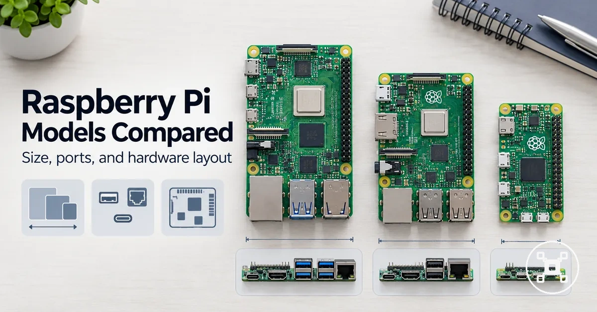 Raspberry Pi boards compared by size, ports, and hardware layout