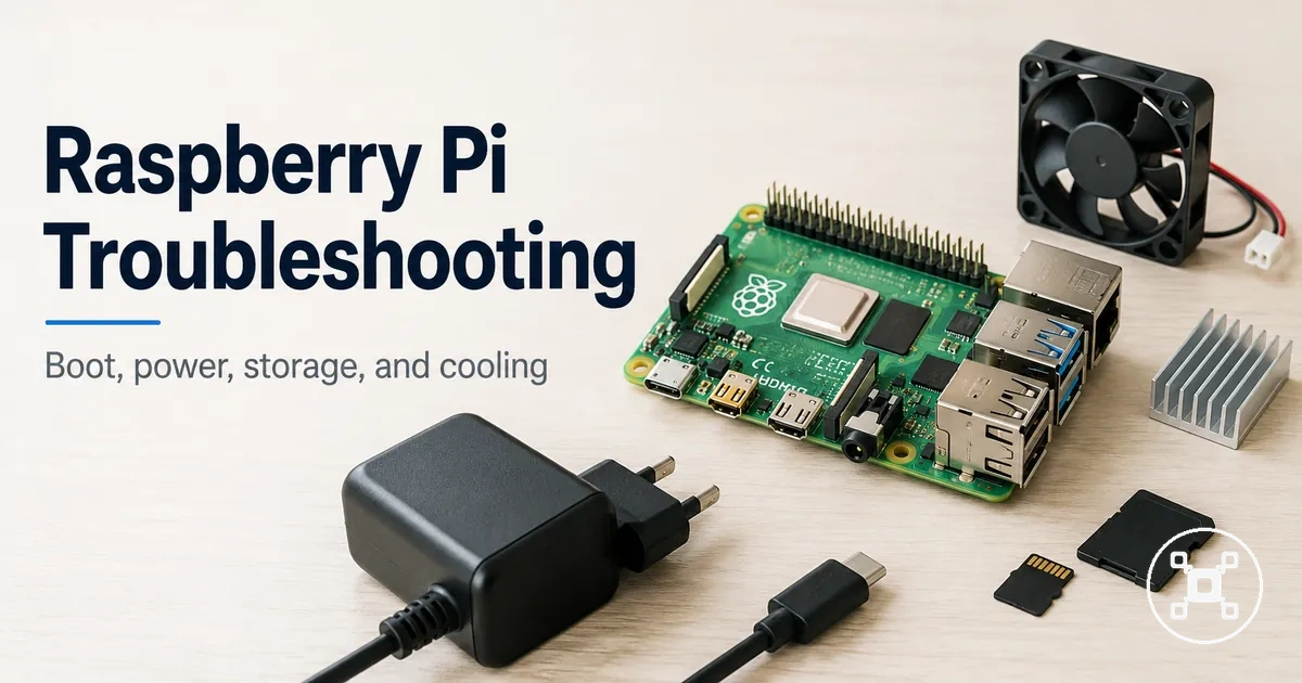 Raspberry Pi troubleshooting setup showing power, storage, and cooling components