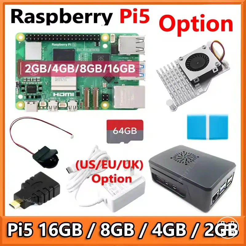 Raspberry Pi 5 board kit with power supply, card, heatsink, and reader