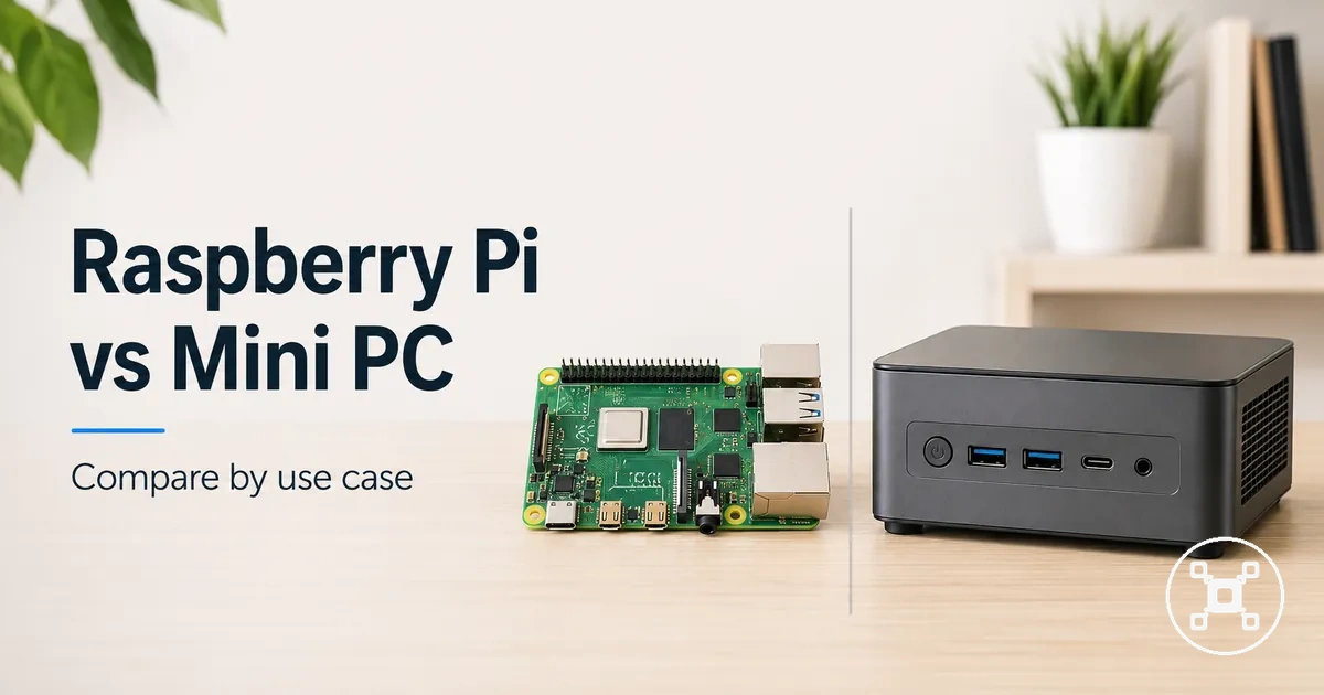 Raspberry Pi board placed next to a compact mini PC for use case comparison
