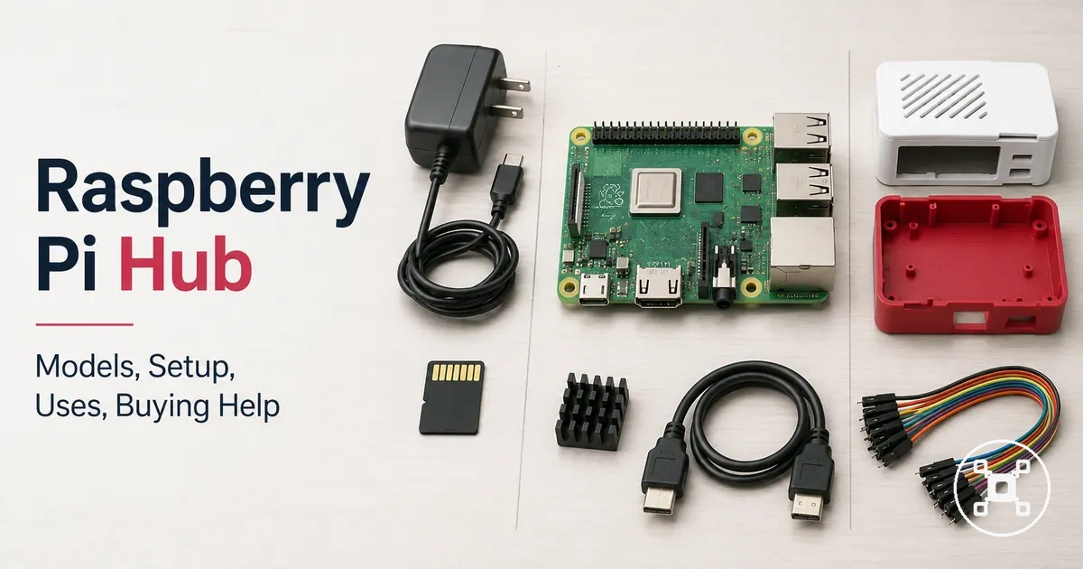 Raspberry Pi board with common setup accessories arranged for comparison