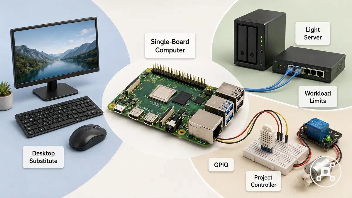 Raspberry Pi shown as a single-board computer, light desktop substitute, and project controller
