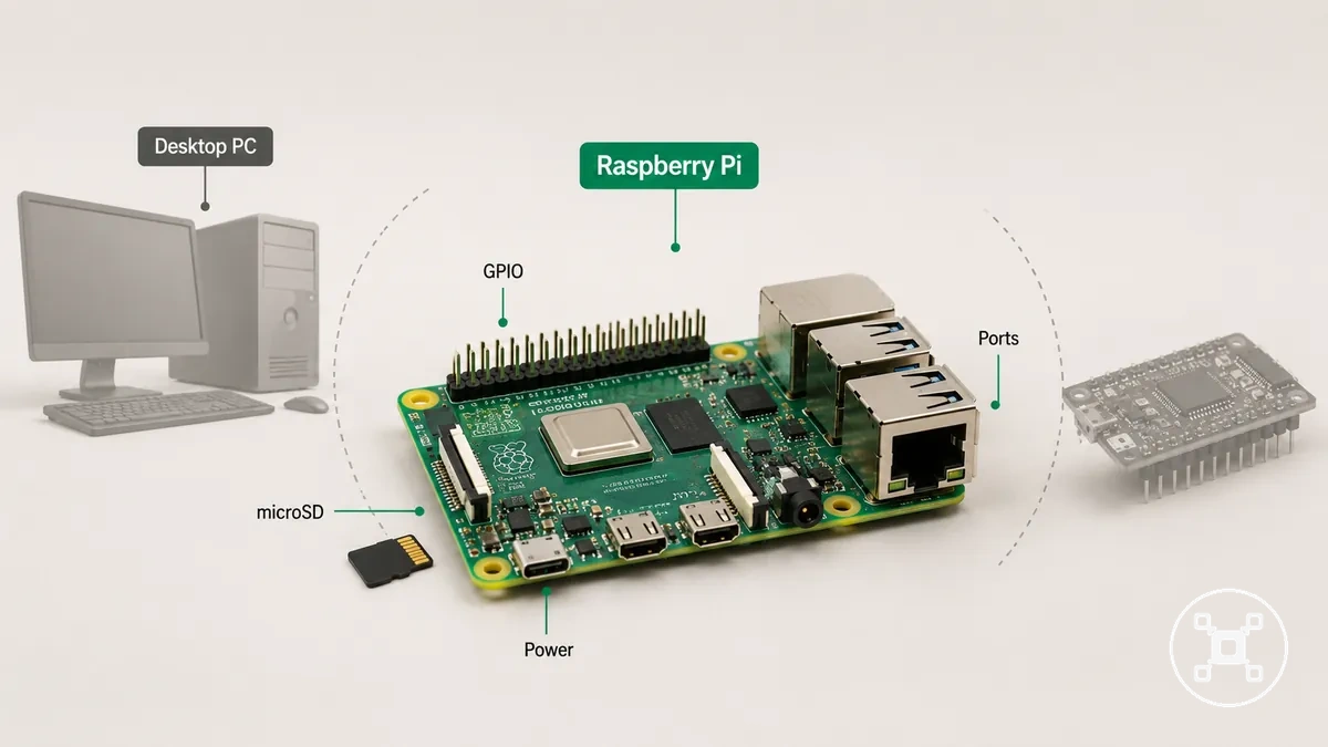 Raspberry Pi single-board computer with ports and GPIO header labelled