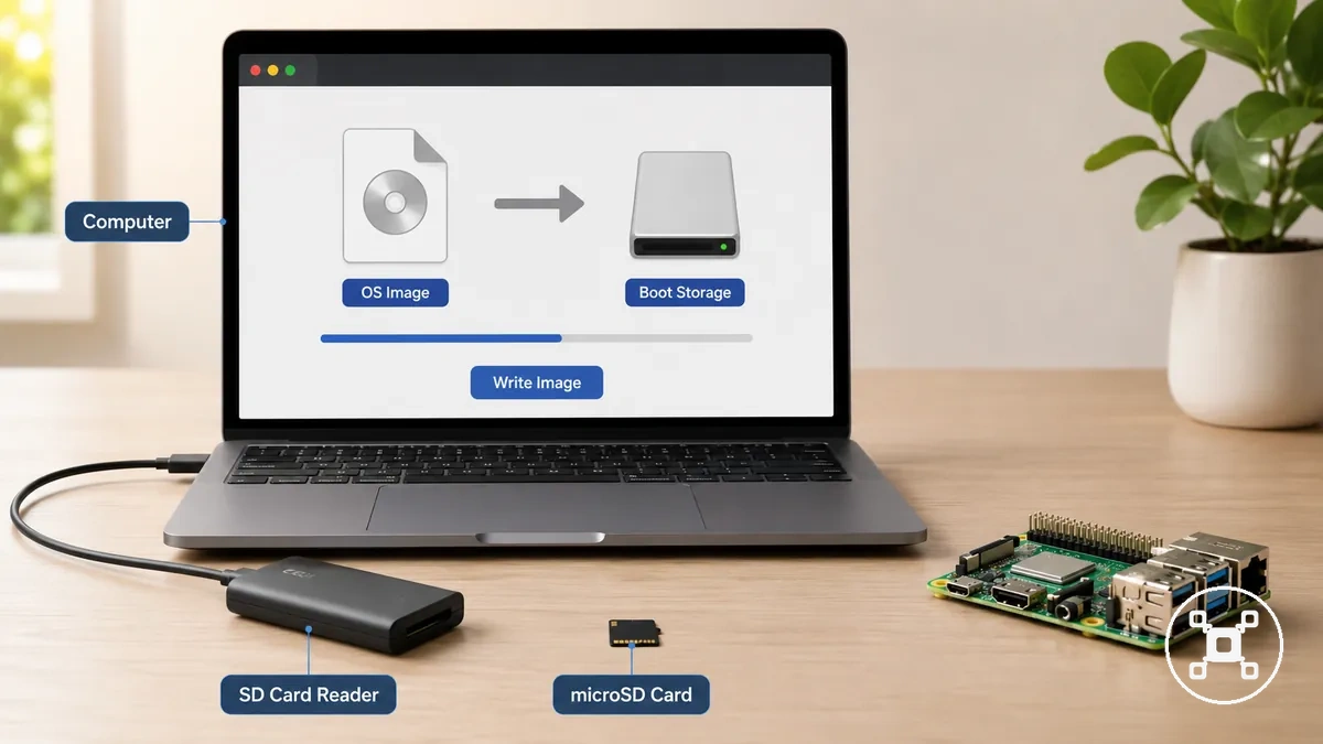 Computer, card reader, microSD card, and Raspberry Pi Imager used to prepare Raspberry Pi OS