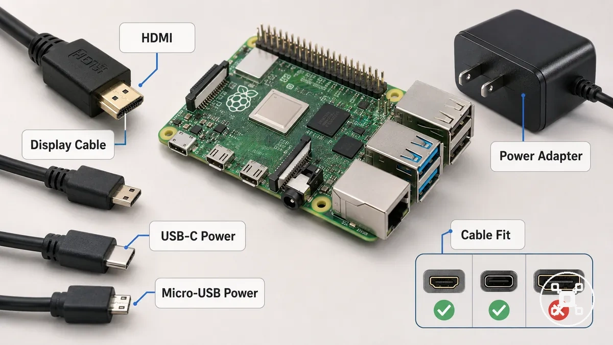 Raspberry Pi cable and power connector checks showing display cable, power connector, and adapter fit