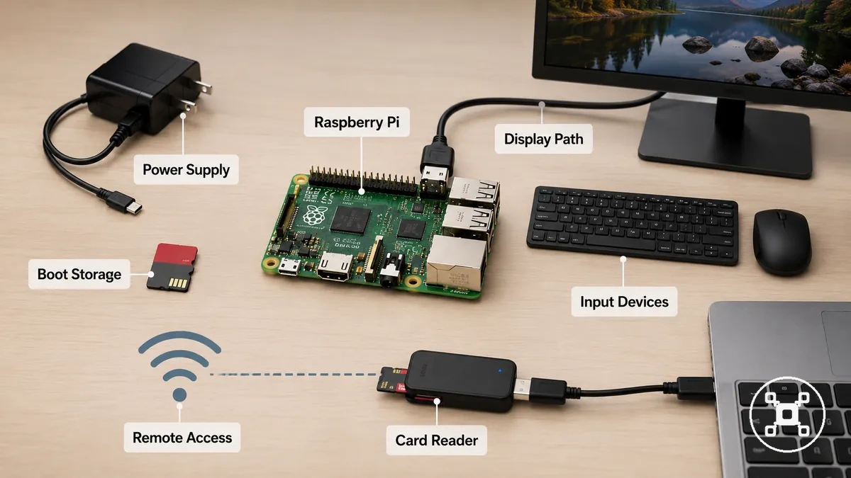 Raspberry Pi setup requirements with board, power supply, microSD card, HDMI cable, keyboard, mouse, and card reader