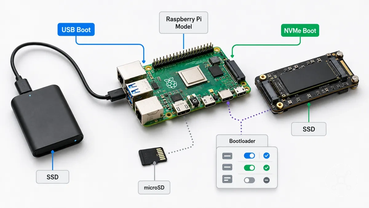 Diagram showing Raspberry Pi SSD boot support through model and boot method conditions