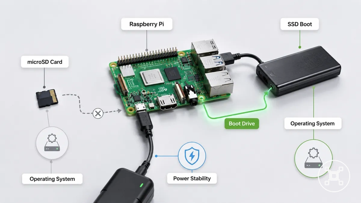 Raspberry Pi connected to an SSD showing the SSD boot storage setup