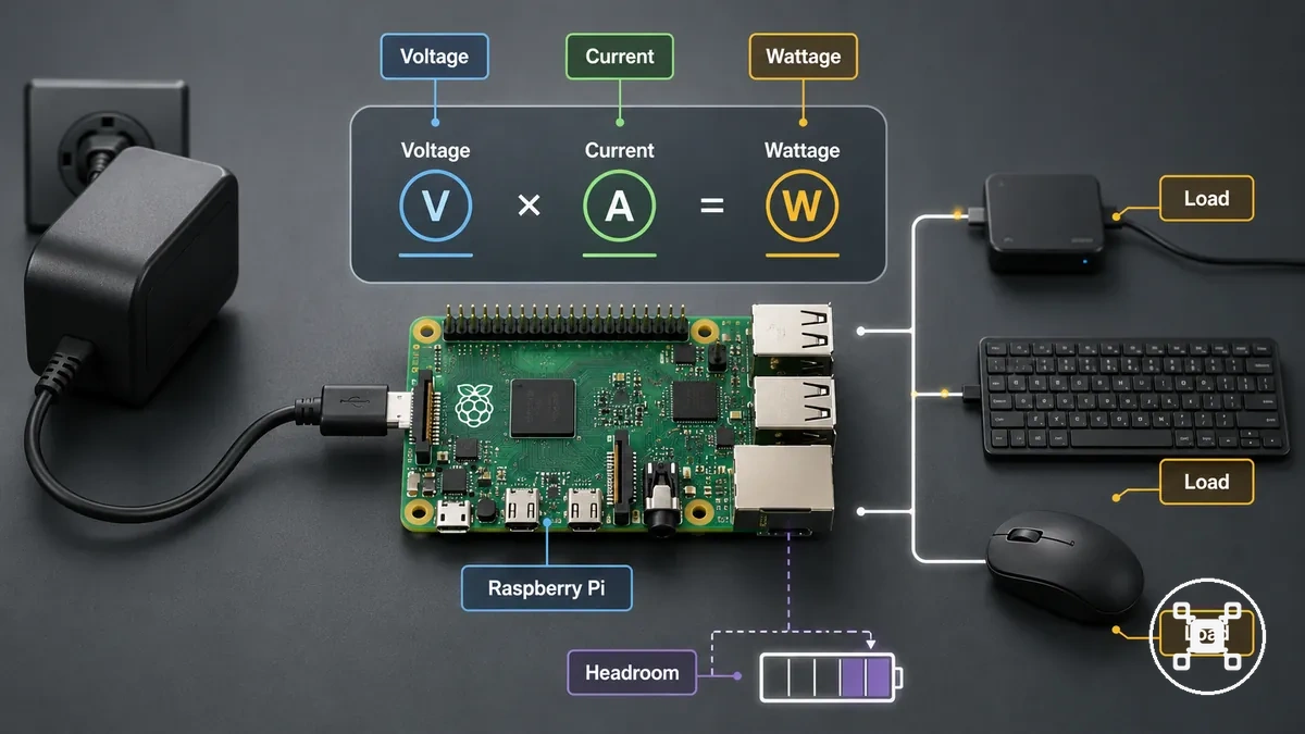Annotated Raspberry Pi power adapter label showing voltage current and wattage