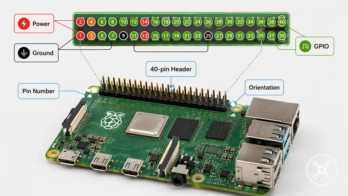 Raspberry Pi 40-pin GPIO header diagram with physical pin numbers and pin roles