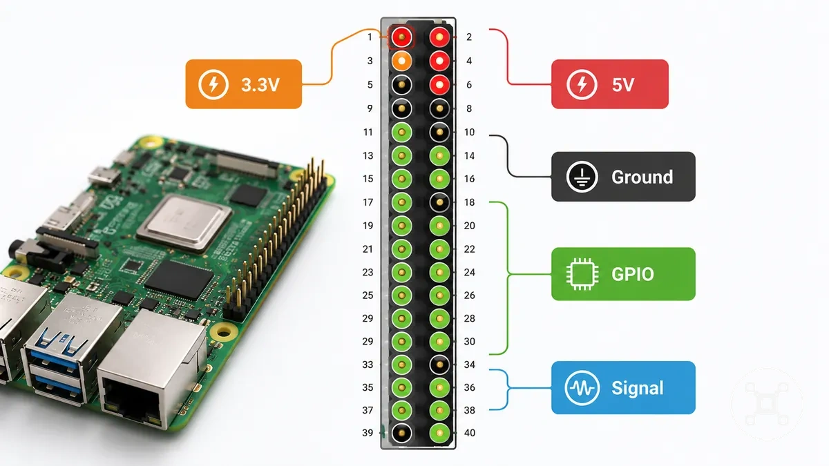 Raspberry Pi GPIO header diagram showing power ground and programmable pins
