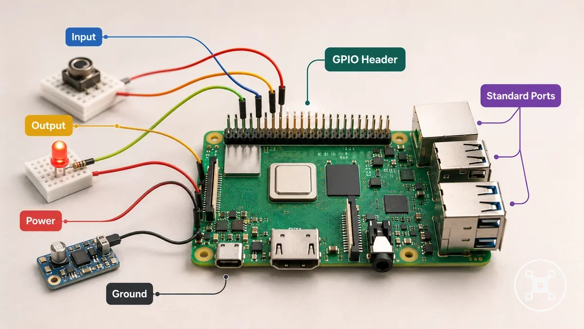 Raspberry Pi board with GPIO header labelled separately from standard ports