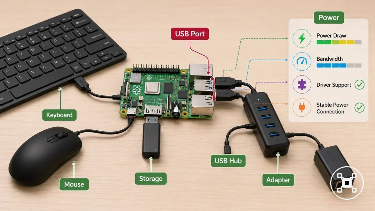 Raspberry Pi USB ports connected to peripherals and a USB hub