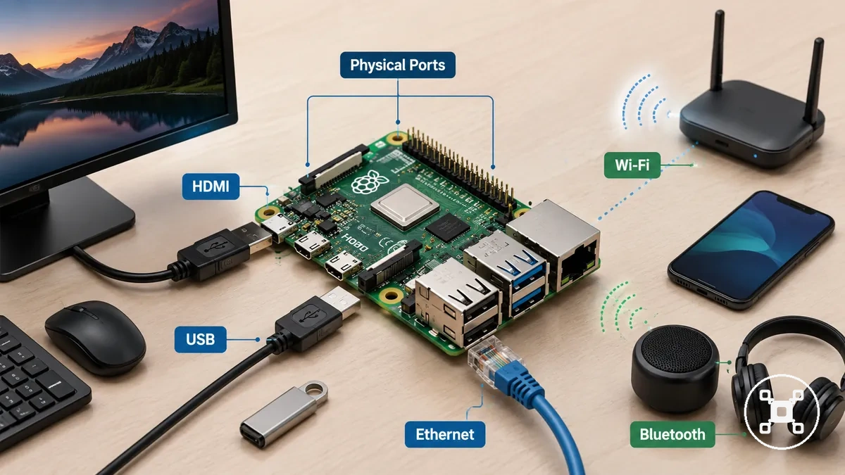 Raspberry Pi board showing physical ports and wireless interfaces for connected devices