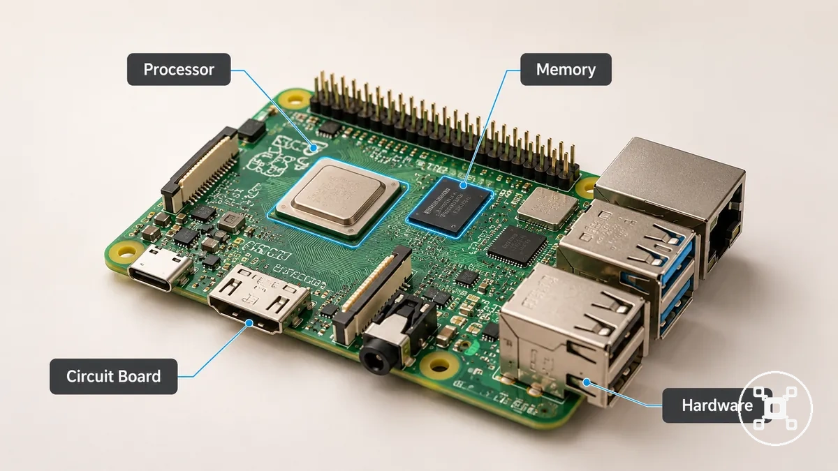 Close view of Raspberry Pi board showing processor area and integrated computer hardware