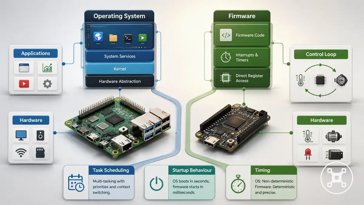 Operating system and firmware execution models compared for Raspberry Pi and microcontroller boards