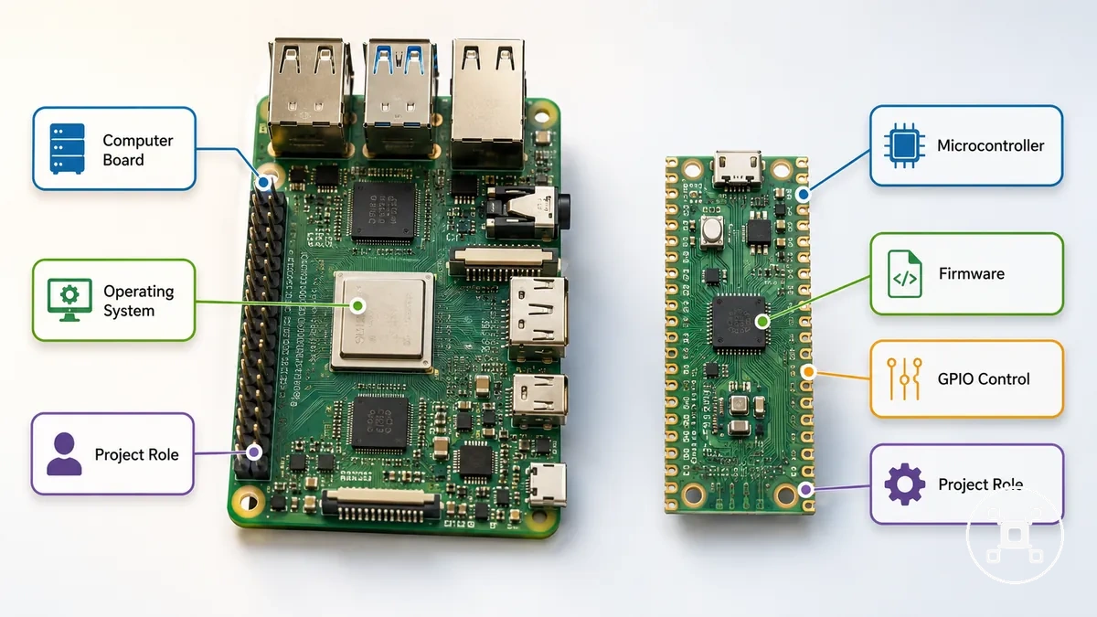 Standard Raspberry Pi board and Raspberry Pi Pico showing different board roles