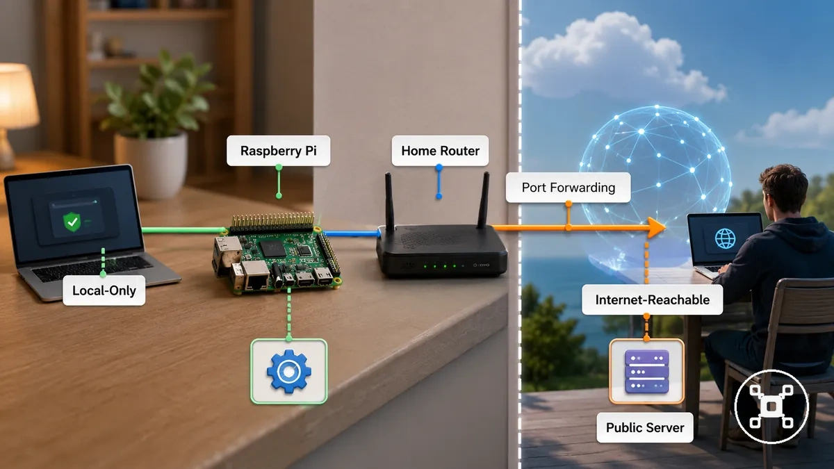 Home network diagram showing a Raspberry Pi reached through router port forwarding