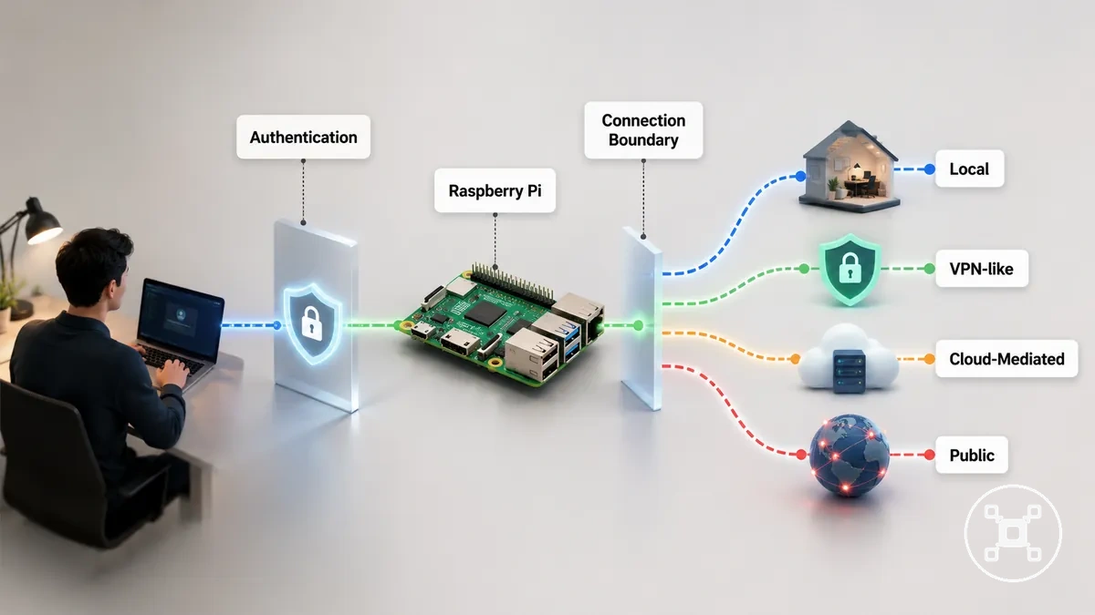 Remote access diagram showing a Raspberry Pi connection boundary and authentication path