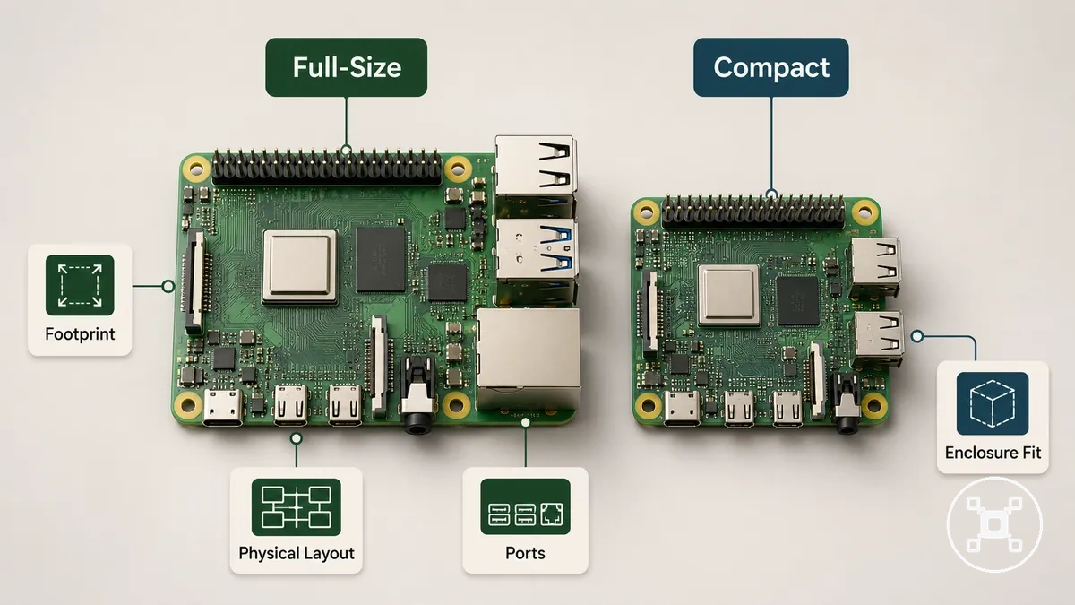 Full-size Raspberry Pi board compared with compact Raspberry Pi board by size and ports