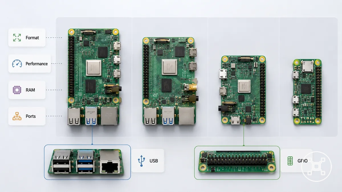 Raspberry Pi models compared by form factor, memory, performance category, and ports