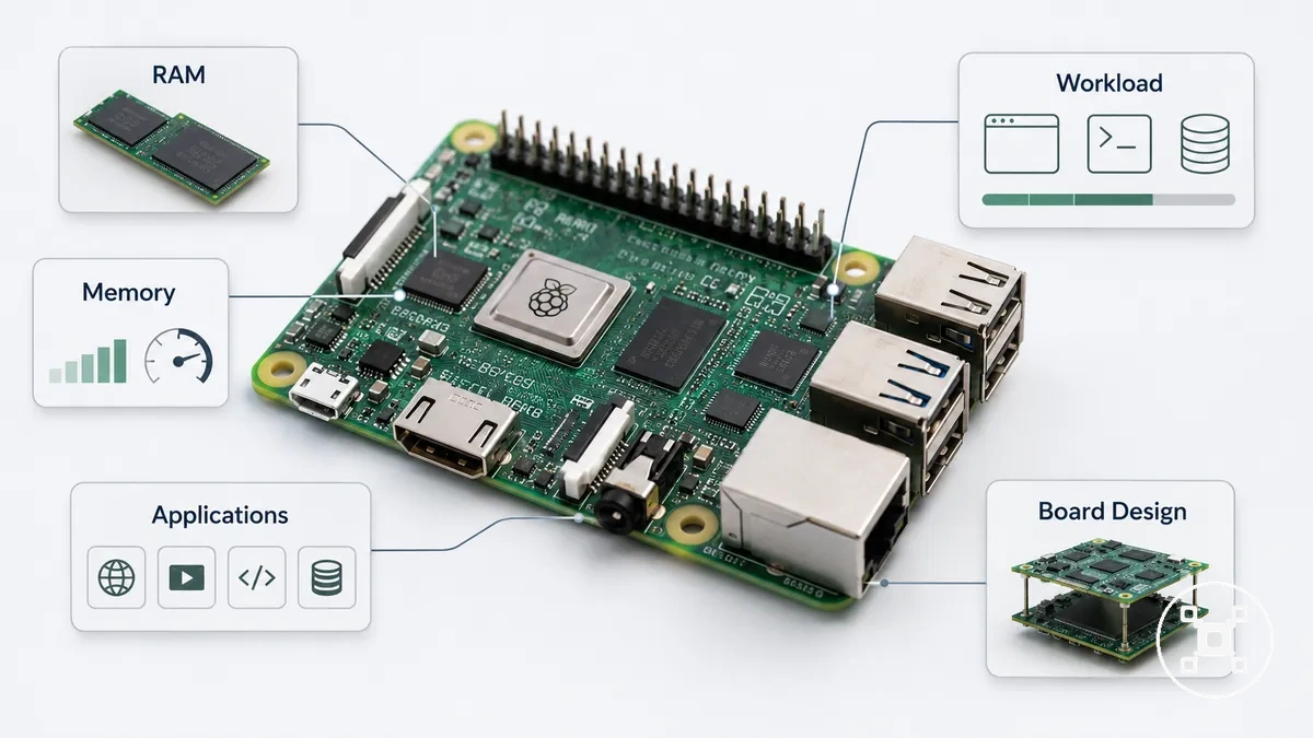 Raspberry Pi RAM capacity showing memory attributes and workload considerations