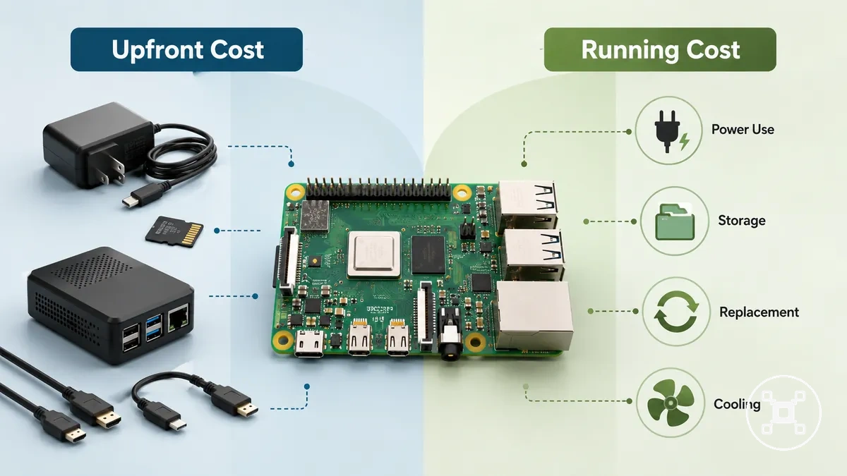 Raspberry Pi comparison graphic showing setup cost and running cost factors