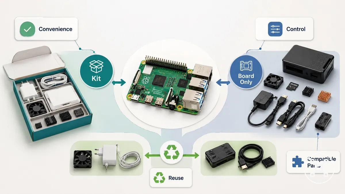Diagram comparing convenience control and reuse in a Raspberry Pi kit versus board-only decision