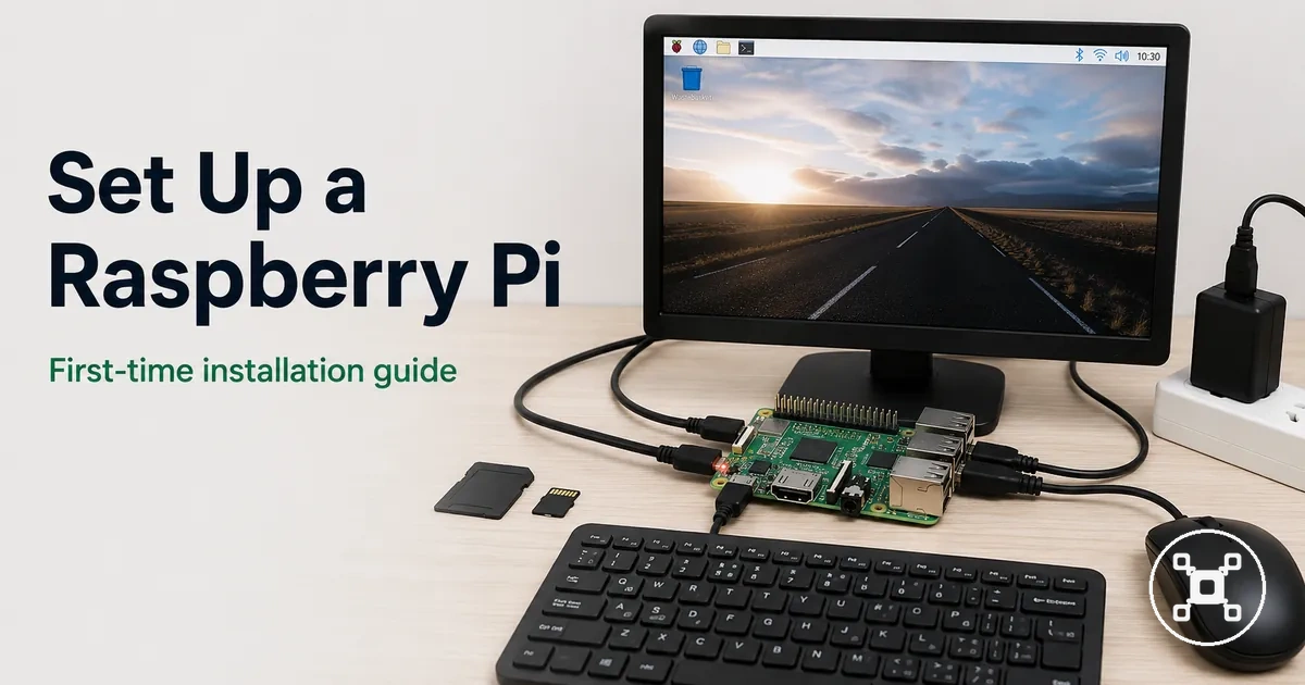 Raspberry Pi connected to a display, keyboard, mouse, storage card, and power supply for first setup