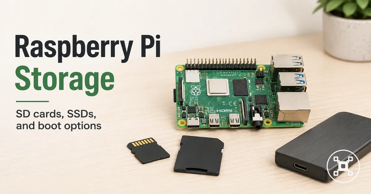 Raspberry Pi with microSD card and SSD storage options shown side by side